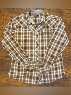 Wrangler Retro Pearl Snap Western Shirt XL Brown Blue Plaid Rodeo Cowboy Work